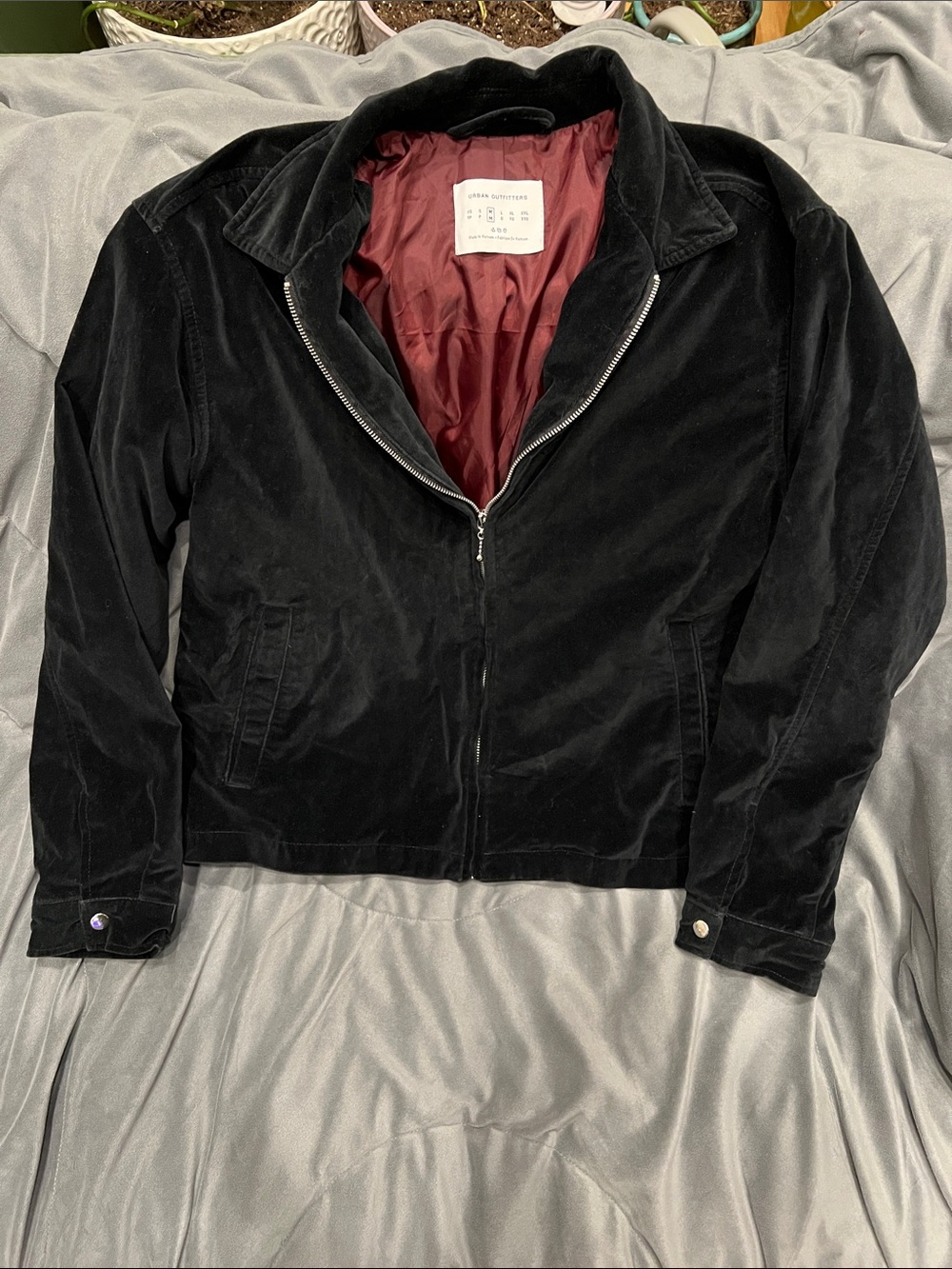 Urban Outfitters Black Velvet Bomber Jacket with Burgundy Lining